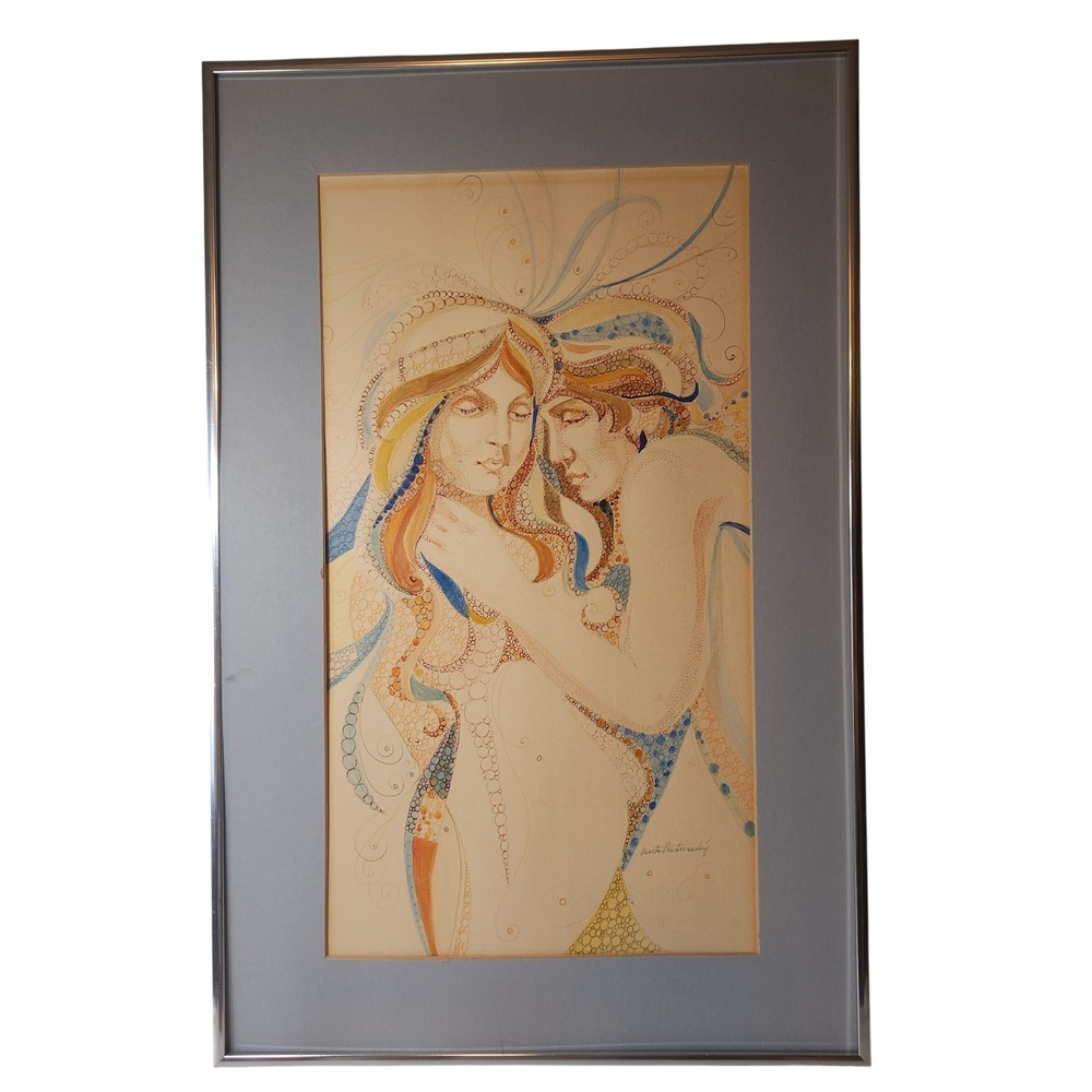 Marta Brestovansky Lovers Original Watercolor Painting Mid Century Modern Art
